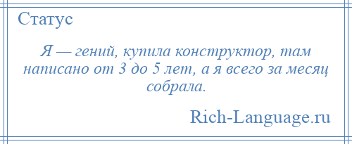 
    Я — гений, купила конструктор, там написано от 3 до 5 лет, а я всего за месяц собрала.