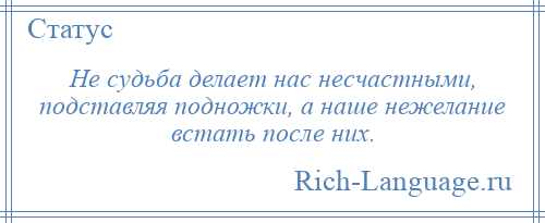 
    Не судьба делает нас несчастными, подставляя подножки, а наше нежелание встать после них.