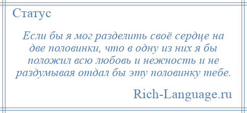 
    Если бы я мог разделить своё сердце на две половинки, что в одну из них я бы положил всю любовь и нежность и не раздумывая отдал бы эту половинку тебе.