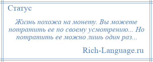 
    Жизнь похожа на монету. Вы можете потратить ее по своему усмотрению... Но потратить ее можно лишь один раз...