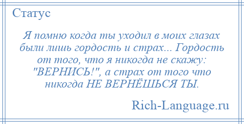 
    Я помню когда ты уходил в моих глазах были лишь гордость и страх... Гордость от того, что я никогда не скажу: ВЕРНИСЬ! , а страх от того что никогда НЕ ВЕРНЁШЬСЯ ТЫ.