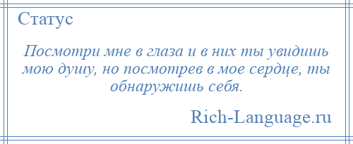 
    Посмотри мне в глаза и в них ты увидишь мою душу, но посмотрев в мое сердце, ты обнаружишь себя.