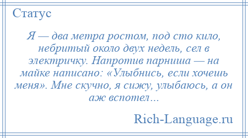 
    Я — два метра ростом, под сто кило, небритый около двух недель, сел в электричку. Напротив парниша — на майке написано: «Улыбнись, если хочешь меня». Мне скучно, я сижу, улыбаюсь, а он аж вспотел…