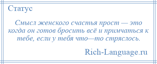 
    Смысл женского счастья прост — это когда он готов бросить всё и примчаться к тебе, если у тебя что—то стряслось.