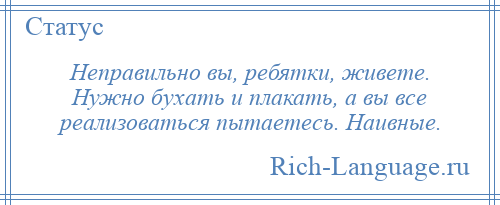 
    Неправильно вы, ребятки, живете. Нужно бухать и плакать, а вы все реализоваться пытаетесь. Наивные.