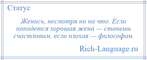 
    Женись, несмотря ни на что. Если попадется хорошая жена — станешь счастливым, если плохая — философом.