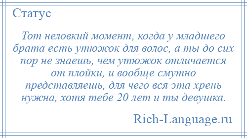 
    Тот неловкий момент, когда у младшего брата есть утюжок для волос, а ты до сих пор не знаешь, чем утюжок отличается от плойки, и вообще смутно представляешь, для чего вся эта хрень нужна, хотя тебе 20 лет и ты девушка.