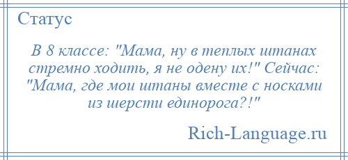 
    В 8 классе: Мама, ну в теплых штанах стремно ходить, я не одену их! Сейчас: Мама, где мои штаны вместе с носками из шерсти единорога?! 