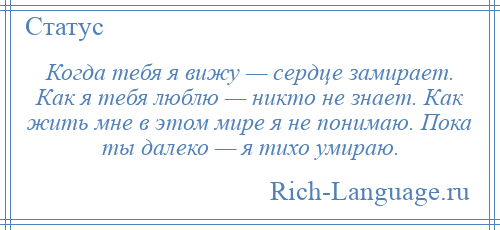 
    Когда тебя я вижу — сердце замирает. Как я тебя люблю — никто не знает. Как жить мне в этом мире я не понимаю. Пока ты далеко — я тихо умираю.