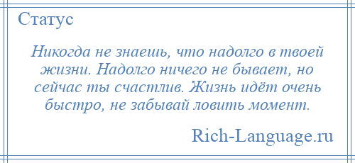 
    Никогда не знаешь, что надолго в твоей жизни. Надолго ничего не бывает, но сейчас ты счастлив. Жизнь идёт очень быстро, не забывай ловить момент.