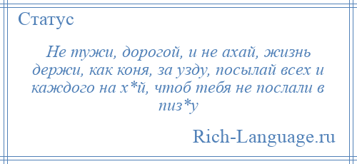 
    Не тужи, дорогой, и не ахай, жизнь держи, как коня, за узду, посылай всех и каждого на х*й, чтоб тебя не послали в пиз*у