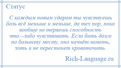
    С каждым новым ударом ты чувствуешь боль всё меньше и меньше, до тех пор, пока вообще не теряешь способность что—либо чувствовать. Если бить долго по больному месту, оно начнёт неметь, хоть и не перестанет кровоточить.