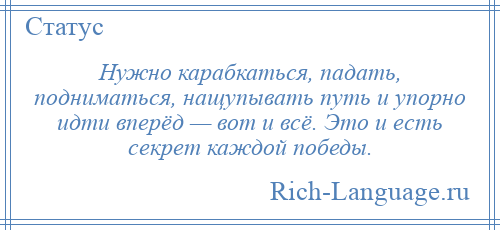 
    Нужно карабкаться, падать, подниматься, нащупывать путь и упорно идти вперёд — вот и всё. Это и есть секрет каждой победы.