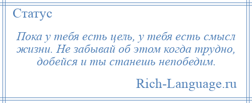 
    Пока у тебя есть цель, у тебя есть смысл жизни. Не забывай об этом когда трудно, добейся и ты станешь непобедим.