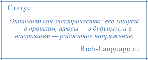 
    Оптимизм как электричество: все минусы — в прошлом, плюсы — в будущем, а в настоящем — радостное напряжение.