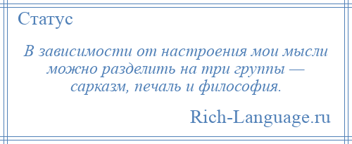 
    В зависимости от настроения мои мысли можно разделить на три группы — сарказм, печаль и философия.