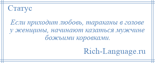 
    Если приходит любовь, тараканы в голове у женщины, начинают казаться мужчине божьими коровками.