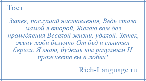 
    Зятек, послушай наставления, Ведь стала мамой я второй, Желаю вам без промедления Веселой жизни, удалой. Зятек, жену люби безумно От бед и сплетен береги. Я знаю, будешь ты разумным И проживете вы в любви!