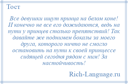
    Все девушки ищут принца на белом коне! И конечно не все его дожидаются, ведь на пути у принцев столько препятствий! Так давайте же поднимем бокалы за моего друга, которого ничто не смогло остановить на пути к своей принцессе сидящей сегодня рядом с ним! За настойчивость!