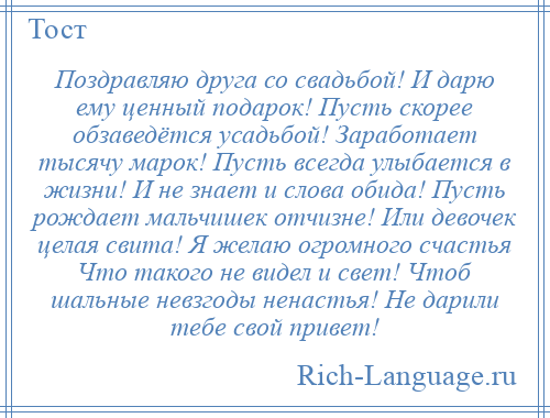 
    Поздравляю друга со свадьбой! И дарю ему ценный подарок! Пусть скорее обзаведётся усадьбой! Заработает тысячу марок! Пусть всегда улыбается в жизни! И не знает и слова обида! Пусть рождает мальчишек отчизне! Или девочек целая свита! Я желаю огромного счастья Что такого не видел и свет! Чтоб шальные невзгоды ненастья! Не дарили тебе свой привет!