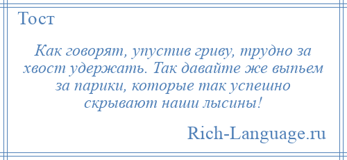 
    Как говорят, упустив гриву, трудно за хвост удержать. Так давайте же выпьем за парики, которые так успешно скрывают наши лысины!