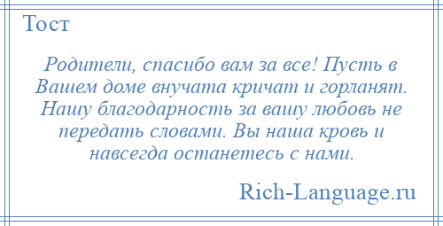 
    Родители, спасибо вам за все! Пусть в Вашем доме внучата кричат и горланят. Нашу благодарность за вашу любовь не передать словами. Вы наша кровь и навсегда останетесь с нами.