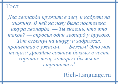 
    Два леопарда кружили в лесу и набрели на хижину. В ней на полу была постелена шкура леопарда. — Ты знаешь, что это такое? — спросил один леопард у другого. Тот взглянул на шкуру и задрожал, прошептав с ужасом: — Бежим! Это моя теща!!! Давайте сдвинем бокалы в честь хороших тещ, которых бы мы не страшились!