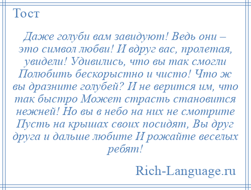 
    Даже голуби вам завидуют! Ведь они – это символ любви! И вдруг вас, пролетая, увидели! Удивились, что вы так смогли Полюбить бескорыстно и чисто! Что ж вы дразните голубей? И не верится им, что так быстро Может страсть становится нежней! Но вы в небо на них не смотрите Пусть на крышах своих посидят, Вы друг друга и дальше любите И рожайте веселых ребят!