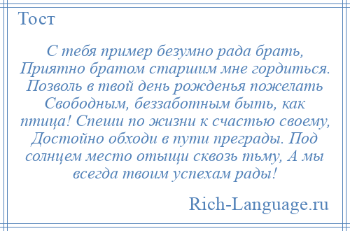 
    С тебя пример безумно рада брать, Приятно братом старшим мне гордиться. Позволь в твой день рожденья пожелать Свободным, беззаботным быть, как птица! Спеши по жизни к счастью своему, Достойно обходи в пути преграды. Под солнцем место отыщи сквозь тьму, А мы всегда твоим успехам рады!