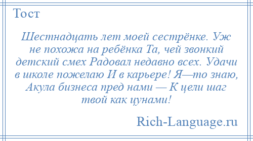 
    Шестнадцать лет моей сестрёнке. Уж не похожа на ребёнка Та, чей звонкий детский смех Радовал недавно всех. Удачи в школе пожелаю И в карьере! Я—то знаю, Акула бизнеса пред нами — К цели шаг твой как цунами!