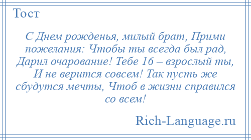 
    С Днем рожденья, милый брат, Прими пожелания: Чтобы ты всегда был рад, Дарил очарование! Тебе 16 – взрослый ты, И не верится совсем! Так пусть же сбудутся мечты, Чтоб в жизни справился со всем!