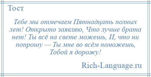
    Тебе мы отмечаем Пятнадцать полных лет! Открыто заявляю, Что лучше брата нет! Ты всё на свете можешь, И, что ни попрошу — Ты мне во всём поможешь, Тобой я дорожу!