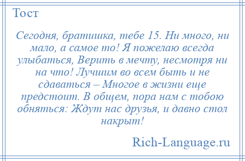 
    Сегодня, братишка, тебе 15. Ни много, ни мало, а самое то! Я пожелаю всегда улыбаться, Верить в мечту, несмотря ни на что! Лучшим во всем быть и не сдаваться – Многое в жизни еще предстоит. В общем, пора нам с тобою обняться: Ждут нас друзья, и давно стол накрыт!