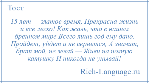 
    15 лет — златое время, Прекрасна жизнь и все легко! Как жаль, что в нашем бренном мире Всего лишь год ему дано. Пройдет, уйдет и не вернется, А значит, брат мой, не зевай — Живи на полную катушку И никогда не унывай!