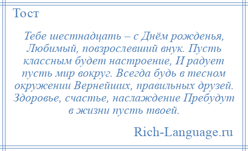 
    Тебе шестнадцать – с Днём рожденья, Любимый, повзрослевший внук. Пусть классным будет настроение, И радует пусть мир вокруг. Всегда будь в тесном окружении Вернейших, правильных друзей. Здоровье, счастье, наслаждение Пребудут в жизни пусть твоей.