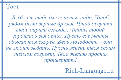 
    В 16 лет тебе для счастья надо, Чтоб рядом были верные друзья, Чтоб девушки тебе дарили взгляды, Чтобы тобой гордилась вся семья. Пусть все мечты сбываются скорее, Ведь молодость – она не любит ждать, Пусть жизнь тебя своим теплом согреет, Тебе желаю просто процветать!