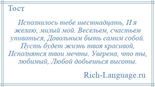 
    Исполнилось тебе шестнадцать, И я желаю, милый мой. Весельем, счастьем упиваться, Довольным быть самим собой. Пусть будет жизнь твоя красивой, Исполнятся твои мечты. Уверена, что ты, любимый, Любой добьешься высоты.