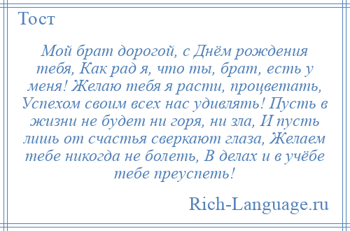 
    Мой брат дорогой, с Днём рождения тебя, Как рад я, что ты, брат, есть у меня! Желаю тебя я расти, процветать, Успехом своим всех нас удивлять! Пусть в жизни не будет ни горя, ни зла, И пусть лишь от счастья сверкают глаза, Желаем тебе никогда не болеть, В делах и в учёбе тебе преуспеть!