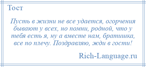 
    Пусть в жизни не все удается, огорчения бывают у всех, но помни, родной, что у тебя есть я, ну а вместе нам, братишка, все по плечу. Поздравляю, жди в гости!