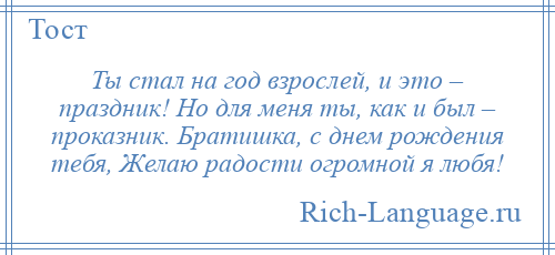 
    Ты стал на год взрослей, и это – праздник! Но для меня ты, как и был – проказник. Братишка, с днем рождения тебя, Желаю радости огромной я любя!