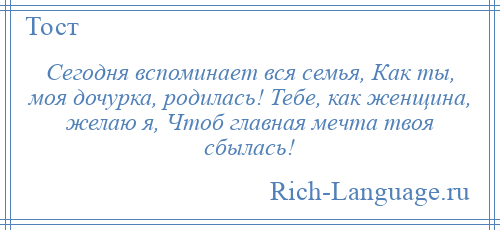 
    Сегодня вспоминает вся семья, Как ты, моя дочурка, родилась! Тебе, как женщина, желаю я, Чтоб главная мечта твоя сбылась!