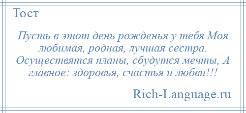 
    Пусть в этот день рожденья у тебя Моя любимая, родная, лучшая сестра. Осуществятся планы, сбудутся мечты, А главное: здоровья, счастья и любви!!!
