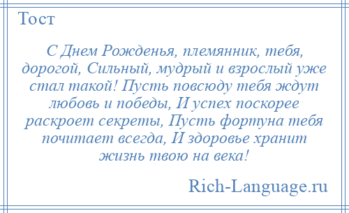 
    С Днем Рожденья, племянник, тебя, дорогой, Сильный, мудрый и взрослый уже стал такой! Пусть повсюду тебя ждут любовь и победы, И успех поскорее раскроет секреты, Пусть фортуна тебя почитает всегда, И здоровье хранит жизнь твою на века!