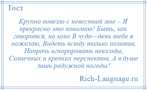 
    Крупно повезло с невесткой мне – Я прекрасно это понимаю! Быть, как говорится, на коне В чудо—день тебе я пожелаю, Видеть всюду только позитив, Напрочь игнорировать невзгоды, Солнечных и крепких перспектив, А в душе лишь радужной погоды!