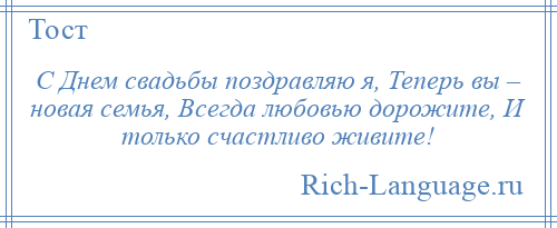 
    С Днем свадьбы поздравляю я, Теперь вы – новая семья, Всегда любовью дорожите, И только счастливо живите!