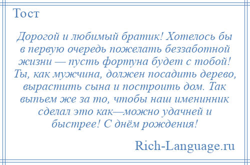 
    Дорогой и любимый братик! Хотелось бы в первую очередь пожелать беззаботной жизни — пусть фортуна будет с тобой! Ты, как мужчина, должен посадить дерево, вырастить сына и построить дом. Так выпьем же за то, чтобы наш именинник сделал это как—можно удачней и быстрее! С днём рождения!