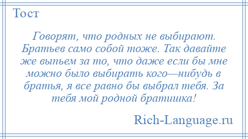 
    Говорят, что родных не выбирают. Братьев само собой тоже. Так давайте же выпьем за то, что даже если бы мне можно было выбирать кого—нибудь в братья, я все равно бы выбрал тебя. За тебя мой родной братишка!