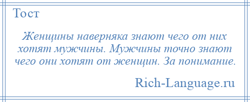 
    Женщины наверняка знают чего от них хотят мужчины. Мужчины точно знают чего они хотят от женщин. За понимание.