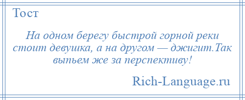 
    На одном берегу быстрой горной реки стоит девушка, а на другом — джигит.Так выпьем же за перспективу!