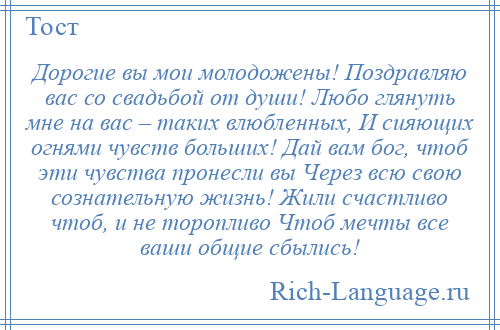 
    Дорогие вы мои молодожены! Поздравляю вас со свадьбой от души! Любо глянуть мне на вас – таких влюбленных, И сияющих огнями чувств больших! Дай вам бог, чтоб эти чувства пронесли вы Через всю свою сознательную жизнь! Жили счастливо чтоб, и не торопливо Чтоб мечты все ваши общие сбылись!
